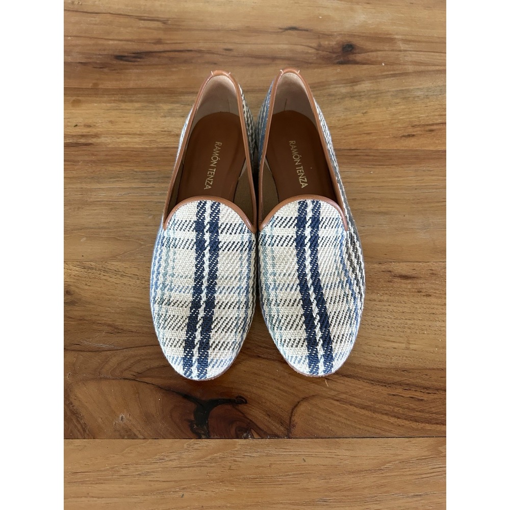 RAMON TENZA Woven Tapestry Needlepoint Plaid Loafer Flats 8 M Made Spain